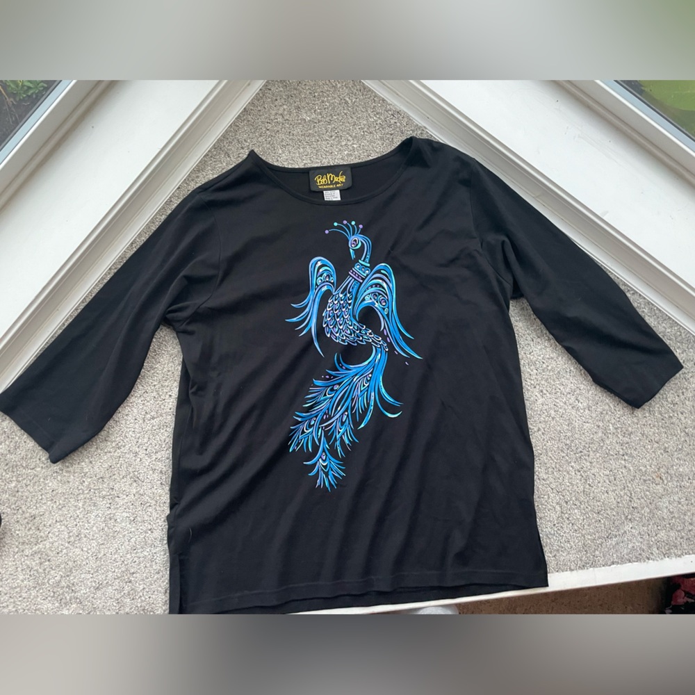 Bob Mackie lightweight long sleeve, with blue peacock.